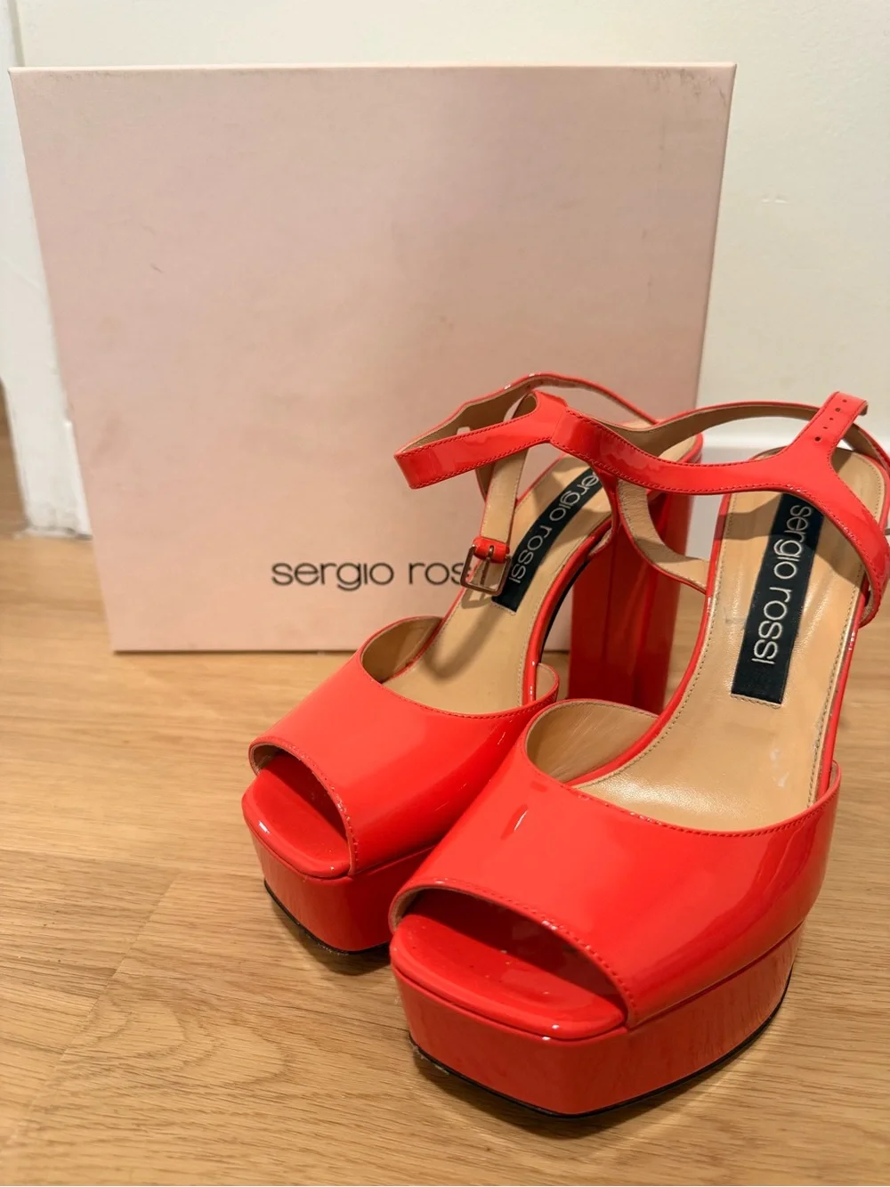 Sergio Rossi Coral Patent Platform Peep-Toe Sandals